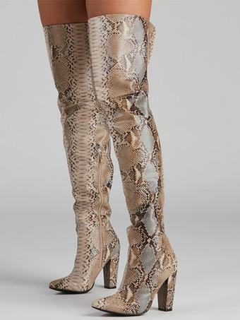 ヒョウ柄ハイヒール サイハイブーツ レディース ポインテッドトゥ スネーク柄 オーバーニーブーツ