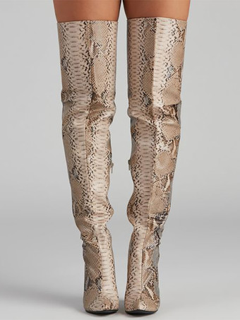 ハイヒール サイハイブーツ レディース ポインテッドトゥ スネーク柄 オーバーニーブーツ