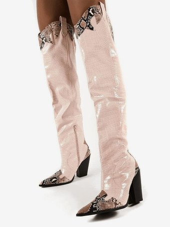 ラクダ色 ブラックウエスタンブーツ、ポインテッドトゥ、チャンキーヒール、スネーク柄、オーバーニーブーツ