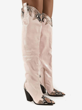 ブラックウエスタンブーツ、ポインテッドトゥ、チャンキーヒール、スネーク柄、オーバーニーブーツ