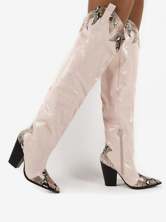 ブラックウエスタンブーツ、ポインテッドトゥ、チャンキーヒール、スネーク柄、オーバーニーブーツ