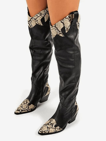 ブラック ブラックウエスタンブーツ、ポインテッドトゥ、チャンキーヒール、スネーク柄、オーバーニーブーツ
