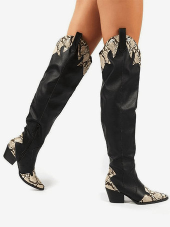 ブラックウエスタンブーツ、ポインテッドトゥ、チャンキーヒール、スネーク柄、オーバーニーブーツ