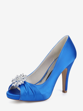 ロイヤルブルーサテンの花嫁の母の靴、つま先が見えるラインストーンのハイヒールのウェディングシューズ