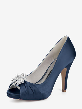 ディープブルーサテンの花嫁の母の靴、つま先が見えるラインストーンのハイヒールのウェディングシューズ
