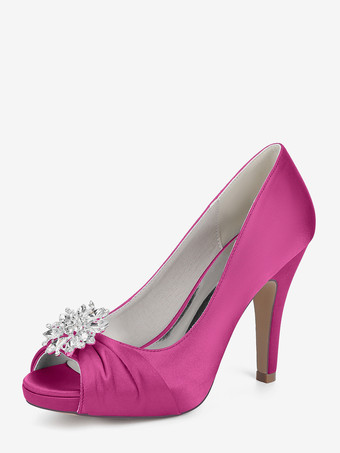 ローズレッドサテンの花嫁の母の靴、つま先が見えるラインストーンのハイヒールのウェディングシューズ