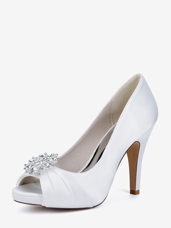 ホワイト サテンの花嫁の母の靴、つま先が見えるラインストーンのハイヒールのウェディングシューズ