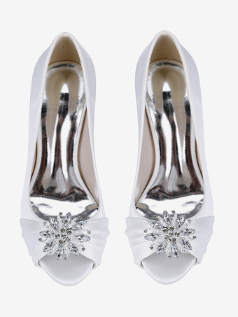 サテンの花嫁の母の靴、つま先が見えるラインストーンのハイヒールのウェディングシューズ