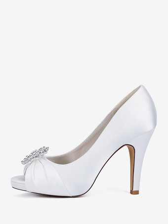 サテンの花嫁の母の靴、つま先が見えるラインストーンのハイヒールのウェディングシューズ