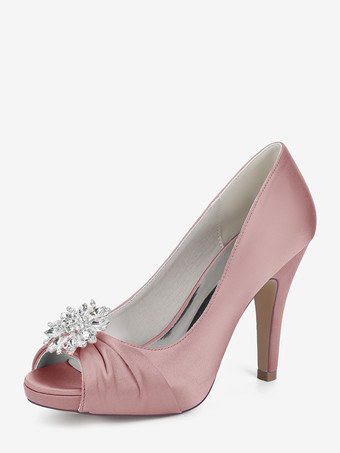 サーモンピンクサテンの花嫁の母の靴、つま先が見えるラインストーンのハイヒールのウェディングシューズ