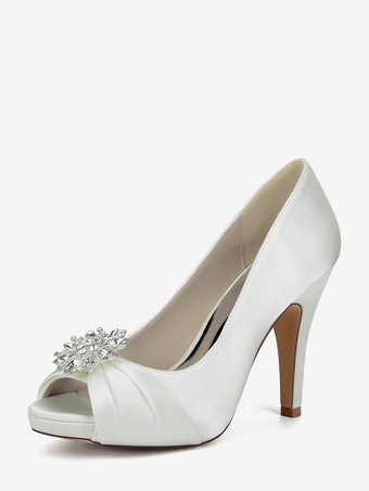 アイボリーサテンの花嫁の母の靴、つま先が見えるラインストーンのハイヒールのウェディングシューズ