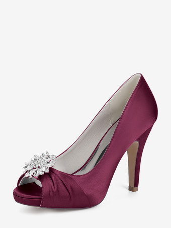ワインレッド サテンの花嫁の母の靴、つま先が見えるラインストーンのハイヒールのウェディングシューズ