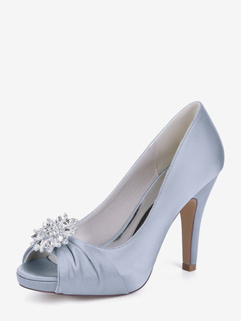 シルバー サテンの花嫁の母の靴、つま先が見えるラインストーンのハイヒールのウェディングシューズ