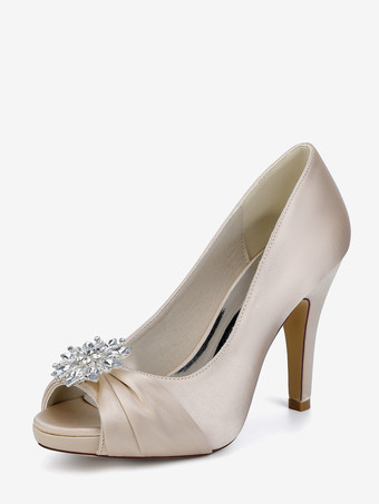 シャンパンカラーサテンの花嫁の母の靴、つま先が見えるラインストーンのハイヒールのウェディングシューズ