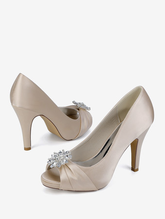 サテンの花嫁の母の靴、つま先が見えるラインストーンのハイヒールのウェディングシューズ