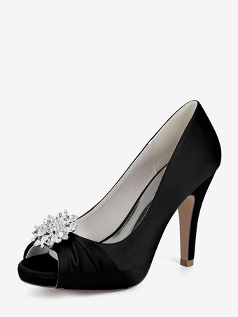 ブラック サテンの花嫁の母の靴、つま先が見えるラインストーンのハイヒールのウェディングシューズ