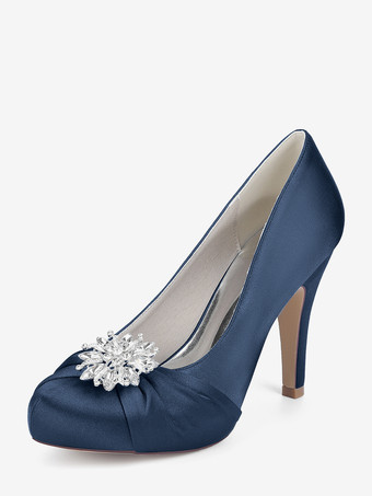 ディープブルーサテンの花嫁の母の靴 ラウンドトゥ ラインストーン ハイヒール ウェディングシューズ