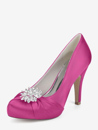 ローズレッドサテンの花嫁の母の靴 ラウンドトゥ ラインストーン ハイヒール ウェディングシューズ