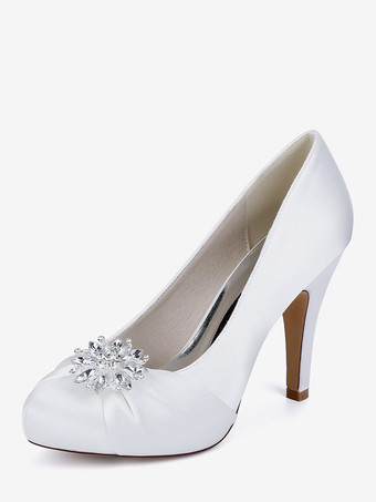 ホワイト サテンの花嫁の母の靴 ラウンドトゥ ラインストーン ハイヒール ウェディングシューズ