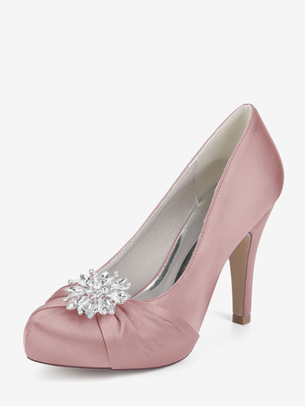 サーモンピンクサテンの花嫁の母の靴 ラウンドトゥ ラインストーン ハイヒール ウェディングシューズ