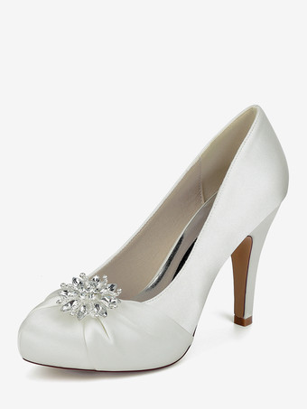 アイボリーサテンの花嫁の母の靴 ラウンドトゥ ラインストーン ハイヒール ウェディングシューズ