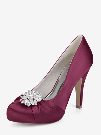 ワインレッド サテンの花嫁の母の靴 ラウンドトゥ ラインストーン ハイヒール ウェディングシューズ