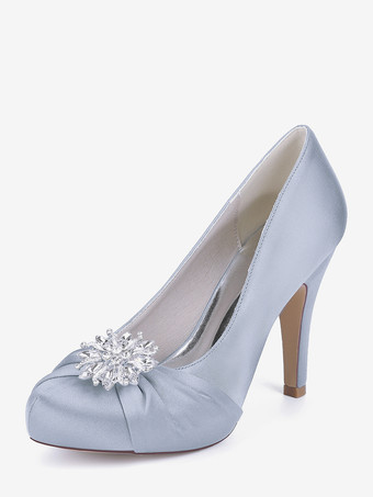 シルバー サテンの花嫁の母の靴 ラウンドトゥ ラインストーン ハイヒール ウェディングシューズ