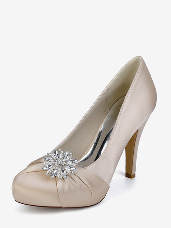 シャンパンカラーサテンの花嫁の母の靴 ラウンドトゥ ラインストーン ハイヒール ウェディングシューズ