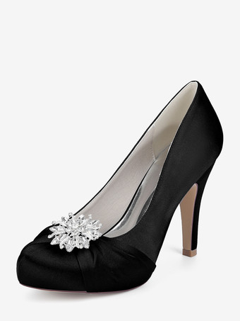 ブラック サテンの花嫁の母の靴 ラウンドトゥ ラインストーン ハイヒール ウェディングシューズ