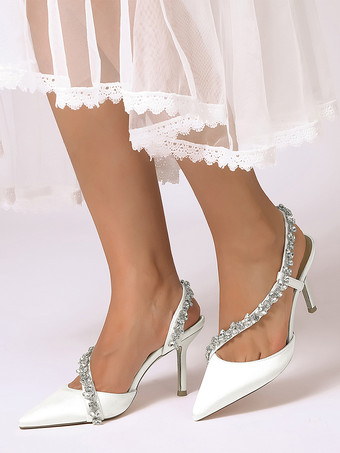 ハイヒールウェディングシューズ サテンポインテッドトゥ ラインストーン スティレットヒール ブライダルシューズ