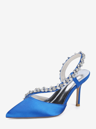 ロイヤルブルーハイヒールウェディングシューズ サテンポインテッドトゥ ラインストーン スティレットヒール ブライダルシューズ