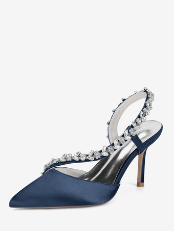 ディープブルーハイヒールウェディングシューズ サテンポインテッドトゥ ラインストーン スティレットヒール ブライダルシューズ