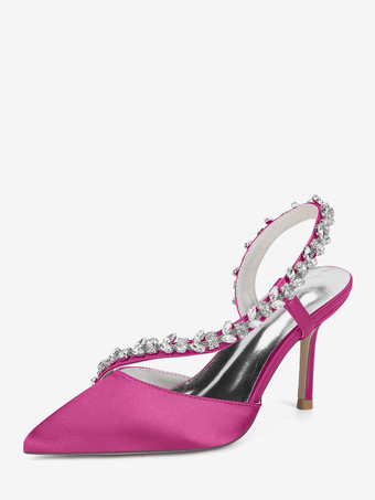 ローズレッドハイヒールウェディングシューズ サテンポインテッドトゥ ラインストーン スティレットヒール ブライダルシューズ