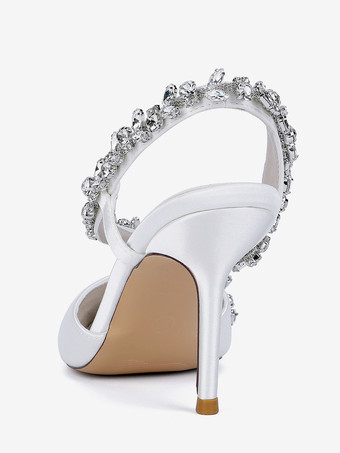 ハイヒールウェディングシューズ サテンポインテッドトゥ ラインストーン スティレットヒール ブライダルシューズ