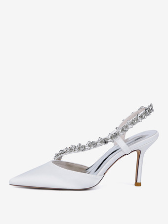 ハイヒールウェディングシューズ サテンポインテッドトゥ ラインストーン スティレットヒール ブライダルシューズ