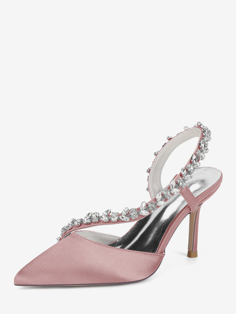 サーモンピンクハイヒールウェディングシューズ サテンポインテッドトゥ ラインストーン スティレットヒール ブライダルシューズ