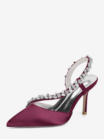 ワインレッド ハイヒールウェディングシューズ サテンポインテッドトゥ ラインストーン スティレットヒール ブライダルシューズ