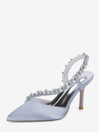 シルバー ハイヒールウェディングシューズ サテンポインテッドトゥ ラインストーン スティレットヒール ブライダルシューズ