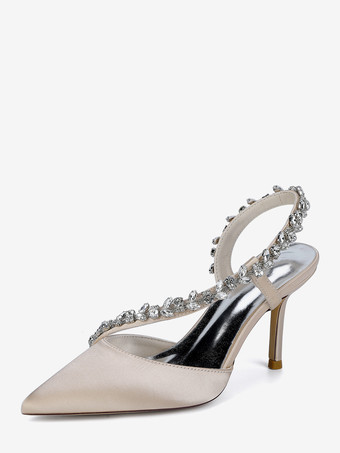 シャンパンカラーハイヒールウェディングシューズ サテンポインテッドトゥ ラインストーン スティレットヒール ブライダルシューズ