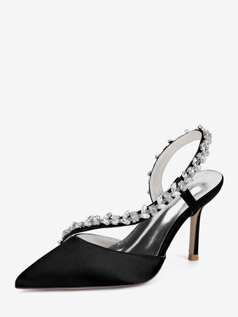 ブラック ハイヒールウェディングシューズ サテンポインテッドトゥ ラインストーン スティレットヒール ブライダルシューズ