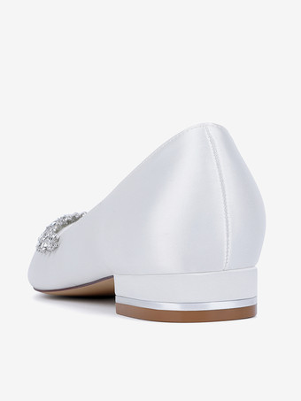 サテンフラットウェディングシューズ ポインテッドトゥ ラインストーン スリッポン ブライダルシューズ