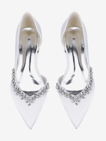 サテンフラットウェディングシューズ ポインテッドトゥ ラインストーン スリッポン ブライダルシューズ