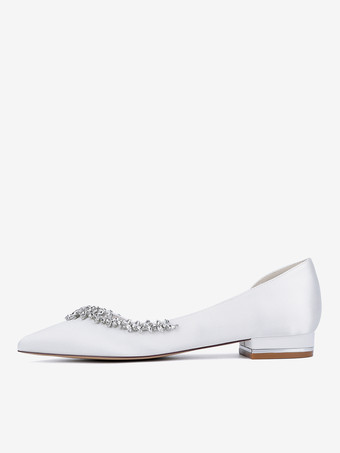 サテンフラットウェディングシューズ ポインテッドトゥ ラインストーン スリッポン ブライダルシューズ