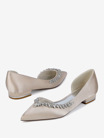 サテンフラットウェディングシューズ ポインテッドトゥ ラインストーン スリッポン ブライダルシューズ