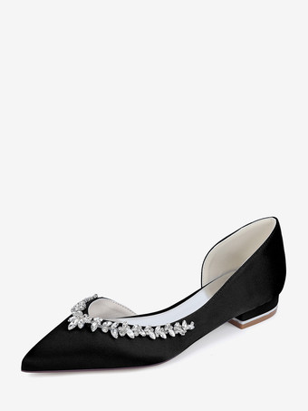 ブラック サテンフラットウェディングシューズ ポインテッドトゥ ラインストーン スリッポン ブライダルシューズ