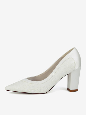 レースのウェディングシューズ、ポインテッドトゥ、チャンキーヒールのウェディングゲストシューズ