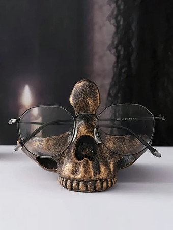 ブロンズカラーハロウィン スカル メガネスタンド デスクオーガナイザー 樹脂製 ホームオフィス デコレーション