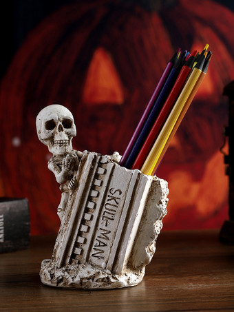 ライトブラウンハロウィン スカル ペンホルダー 樹脂製 デスクトップデコレーション
