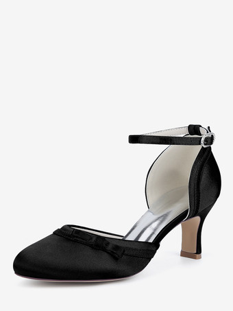 ブラック サテンキトンヒールウェディングシューズ、ラウンドトゥボウブライダルシューズ