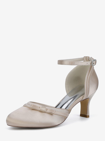 シャンパンカラーサテンキトンヒールウェディングシューズ、ラウンドトゥボウブライダルシューズ